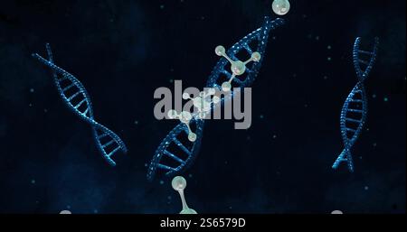 Image of floating molecules over dna strands on dark backgraund Stock Photo