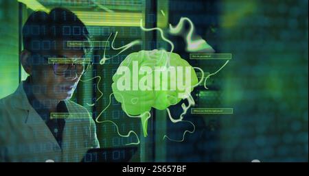 Image of human brain, binary coding over it male engineer by computer servers Stock Photo