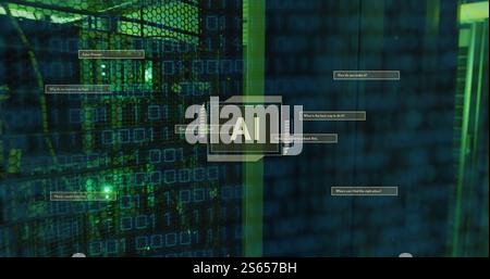 Image of ai text, binary coding data processing over computer servers Stock Photo
