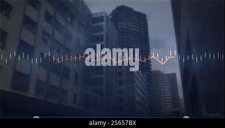 Image of financial data processing over cityscape Stock Photo