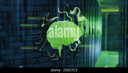 Image of human brain and binary coding data processing over computer servers Stock Photo