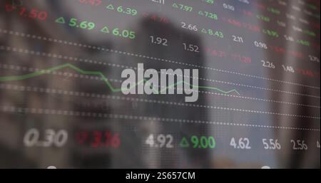 Image of financial data processing over cityscape Stock Photo
