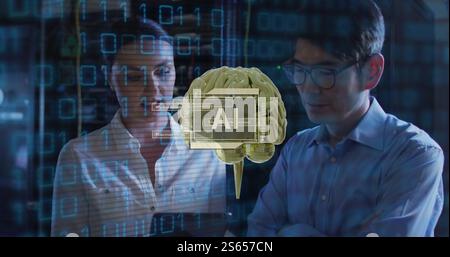 Image of ai text, human brain, binary coding over it engineers by computer servers Stock Photo