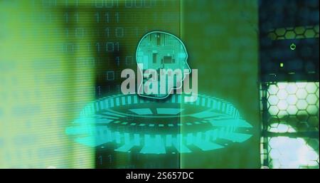 Image of human brain, binary coding data processing over computer servers Stock Photo
