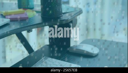Image of binary coding over office Stock Photo