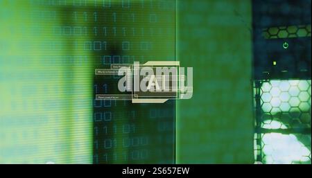 Image of ai text, binary coding data processing over computer servers Stock Photo