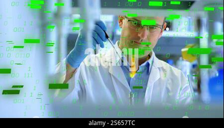 Image of binary coding and shapes over caucasian male scientist doing experiment in lab Stock Photo