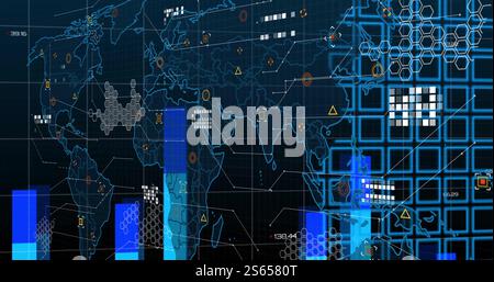 World map with data points and graphs, global data analysis image Stock Photo