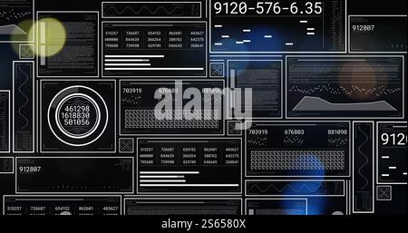 Data processing and analysis image over various digital interface screens Stock Photo