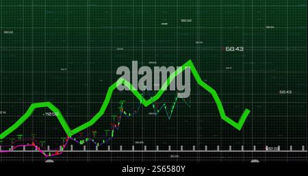 Financial graph image with fluctuating green line over grid background Stock Photo