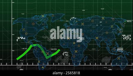 Green line graph image over world map with data points and grid Stock Photo