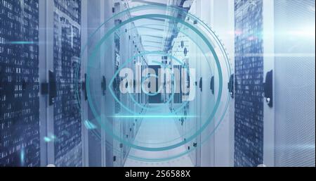 Image of light spots and scope scanning with security symbols over server room Stock Photo