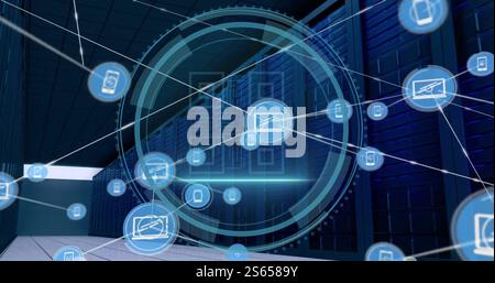 Image of media icons and scope scanning with qr code over server room Stock Photo