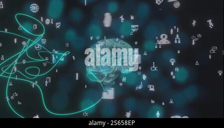 Image of digital brain spinning over media icons Stock Photo