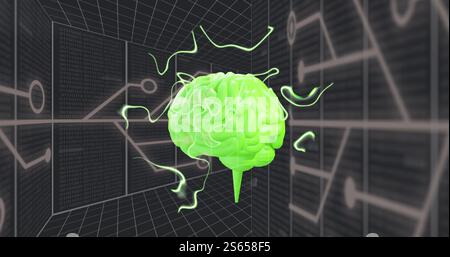 Image of digital brain spinning over connections Stock Photo