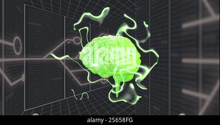 Image of digital brain spinning over connections Stock Photo