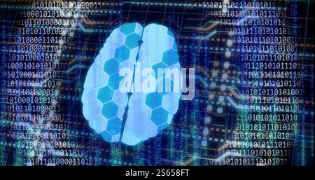 Image of digital brain with connections over binary coding Stock Photo