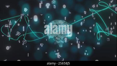 Image of digital brain spinning over media icons Stock Photo