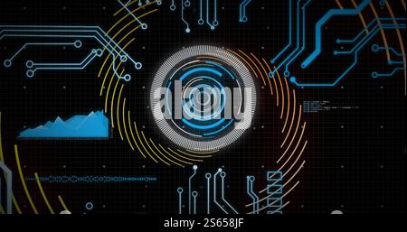 Image of data processing with scope scanning over spinning lines on black background Stock Photo