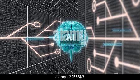 Image of digital brain spinning with ai text over connections Stock Photo