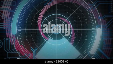 Image of scope scanning with computer circuit board over spinning lines on black background Stock Photo