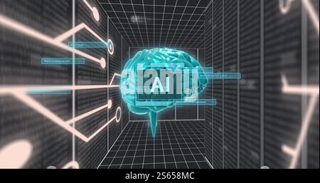 Image of digital brain spinning with ai text over connections Stock Photo