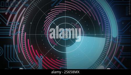 Image of scope scanning with computer circuit board over spinning lines on black background Stock Photo