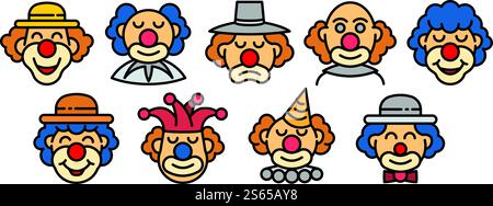 Clown icons set. Outline set of clown vector icons for web design isolated on white background. Clown icons set, outline style Stock Vector