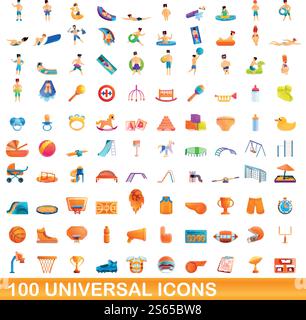 100 universal icons set. Cartoon illustration of 100 universal icons vector set isolated on white background. 100 universal icons set, cartoon style Stock Vector