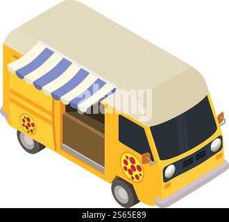 Pizza food truck icon. Isometric of pizza food truck vector icon for web design isolated on white background. Pizza food truck icon, isometric style Stock Vector