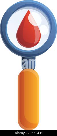 Blood drop under magnifier icon. Cartoon of blood drop under magnifier vector icon for web design isolated on white background. Blood drop under magnifier icon, cartoon style Stock Vector