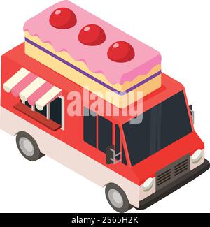 Cake food truck icon. Isometric of cake food truck vector icon for web design isolated on white background. Cake food truck icon, isometric style Stock Vector