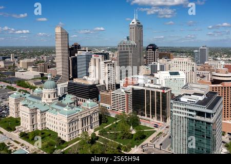 Aerial view of downtown Indianapolis skyline with the Indiana Statehouse capitol building on a summer day Stock Photo