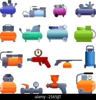 Air compressor icons set. Cartoon set of air compressor vector icons for web design. Air compressor icons set, cartoon style Stock Vector