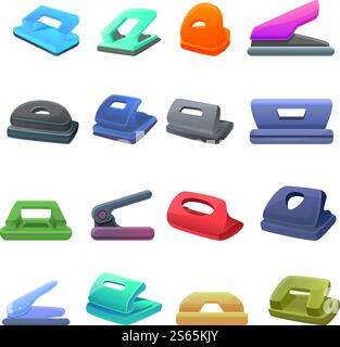 Hole puncher icons set. Cartoon set of hole puncher vector icons for web design. Hole puncher icons set, cartoon style Stock Vector