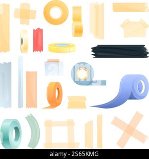 Scotch tape icons set. Cartoon set of scotch tape vector icons for web design. Scotch tape icons set, cartoon style Stock Vector