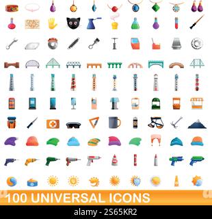 100 universal icons set. Cartoon illustration of 100 universal icons vector set isolated on white background. 100 universal icons set, cartoon style Stock Vector