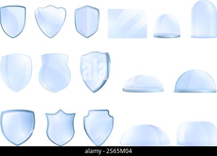 Protective glass icons set. Cartoon set of protective glass vector icons for web design. Protective glass icons set, cartoon style Stock Vector