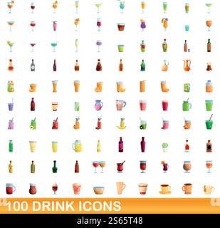 100 drink icons set. Cartoon illustration of 100 drink icons vector set isolated on white background. 100 drink icons set, cartoon style Stock Vector
