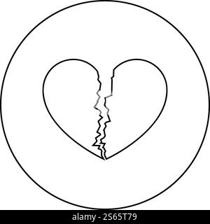 Broken heart icon in circle round outline black color vector illustration flat style simple image. Broken heart icon in circle round outline black color vector illustration flat style image Stock Vector