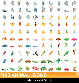 100 animal icons set. Cartoon illustration of 100 animal icons vector set isolated on white background. 100 animal icons set, cartoon style Stock Vector