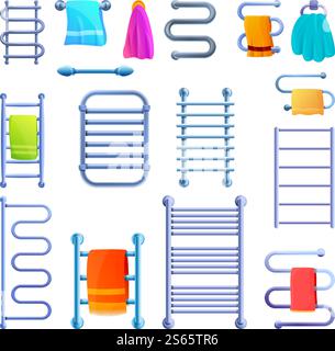 Heated towel rail icons set. Cartoon set of heated towel rail vector icons for web design. Heated towel rail icons set, cartoon style Stock Vector