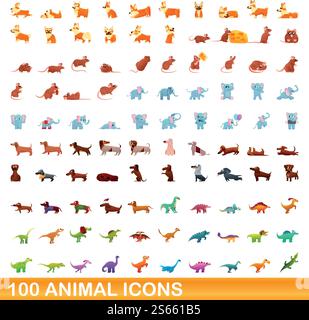 100 animal icons set. Cartoon illustration of 100 animal icons vector set isolated on white background. 100 animal icons set, cartoon style Stock Vector
