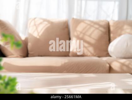 Empty table with minimalist clean living room background Stock Photo