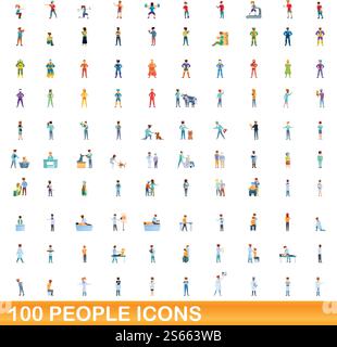 100 people icons set. Cartoon illustration of 100 people icons vector set isolated on white background. 100 people icons set, cartoon style Stock Vector