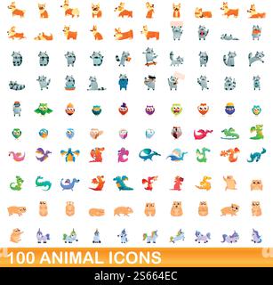 100 animal icons set. Cartoon illustration of 100 animal icons vector set isolated on white background. 100 animal icons set, cartoon style Stock Vector