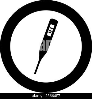 Medical electronic thermometers with digital display Temperature measuring Electric measure concept icon in circle round black color vector illustration flat style simple image. Medical electronic thermometers with digital display Temperature measuring Electric measure concept icon in circle round black color vector illustration flat style image Stock Vector