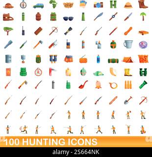 100 hunting icons set. Cartoon illustration of 100 hunting icons vector set isolated on white background. 100 hunting icons set, cartoon style Stock Vector