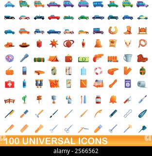 100 universal icons set. Cartoon illustration of 100 universal icons vector set isolated on white background. 100 universal icons set, cartoon style Stock Vector