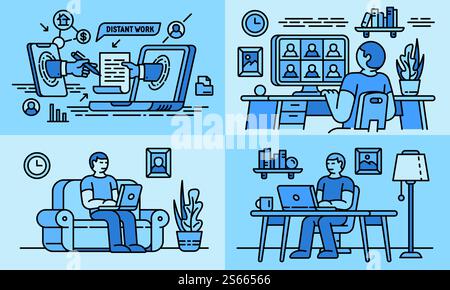 Distant work banner set. Outline set of distant work vector banner for web design. Distant work banner set, outline style Stock Vector